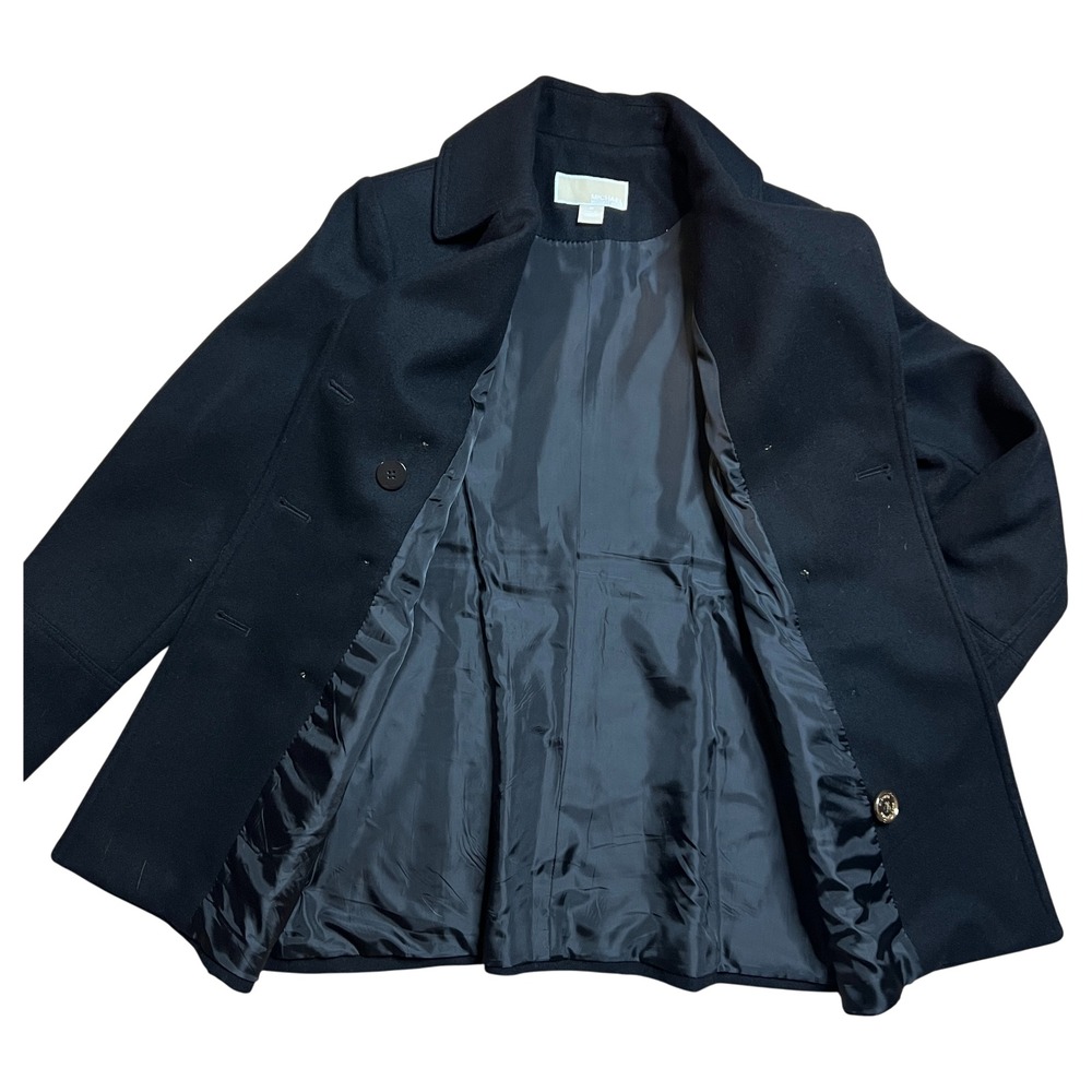 Michael Kors Black Double Breasted Wool Blend Pea Coat Gold Buttons Sz Medium - Picture 2 of 12